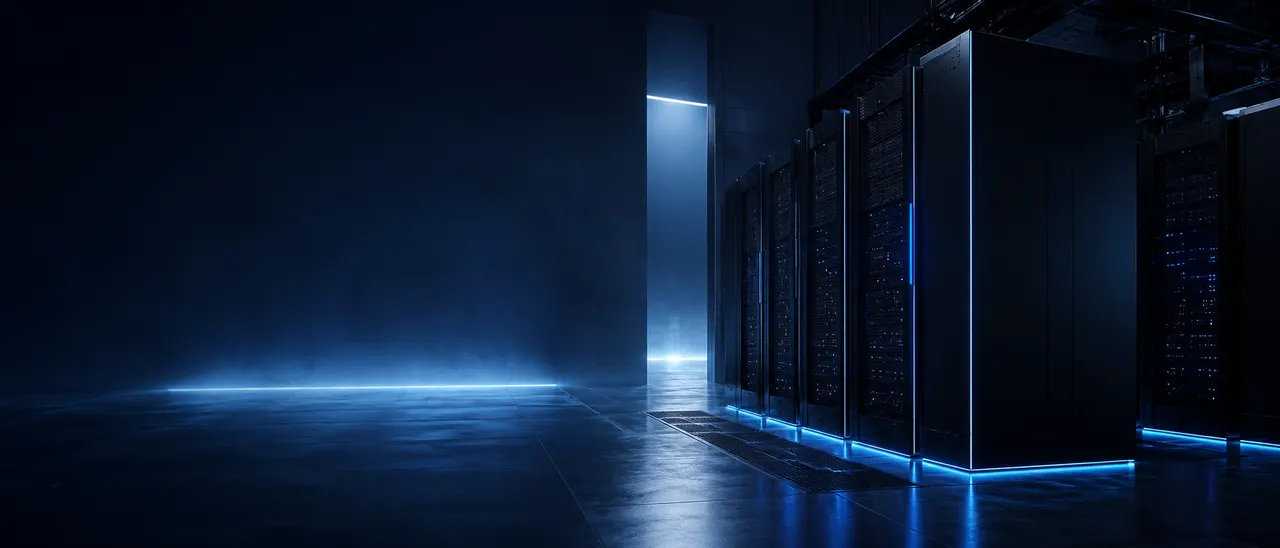 Rows of bare-metal server racks in a dimly lit datacenter corridor